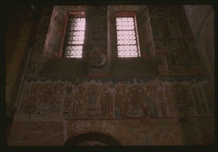 Church of Saint Nicholas Mokryi (1665-72), interior, south wall, including frescoes depicting Ecumenical Councils (1672), Yaroslavl', Russia; 1997