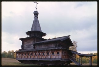Log Church of the Savior from the village of Zashiversk (1700), northwest view, moved and reassembled in the Outdoor Architecture and History Museum at Akademgorodok, Russia 1999.