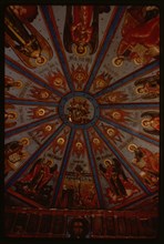 Church of the Intercession (1743, 1761), interior, view east with upper tier of icon screen and nebo (sky or painted ceiling), Liadiny, Russia 1998.