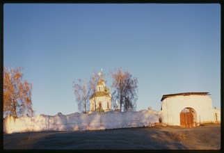 Monastery of the Transfiguration of the Savior, east view, with monastery wall, Eniseisk, Russia; 1999