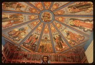 Church of the Intercession (1743, 1761), interior, view east with upper tier of icon screen and nebo (sky, or painted ceiling), Liadiny, Russia 1998.