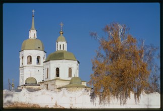 Monastery of the Transfiguration of the Savior, southeast view, with monastery wall and Church of the Transfiguration, Eniseisk, Russia; 1999