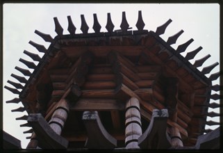 Log Church of the Savior from the village of Zashiversk (1700), detail of bell tower, moved and reassembled in the Outdoor Architecture and History Museum at Akademgorodok, Russia 1999.