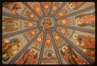 Church of the Intercession (1743, 1761), interior, view of nebo (sky, or painted ceiling), Liadiny, Russia 1998.