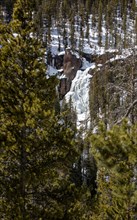 An iced-over small waterfalls Crystal falls in Yellowstone National Park; Date: 17 April 2020