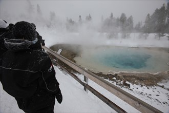 Visitors at Silex Spring in winter in Yellowstone National Park; Date: 29 February 2012