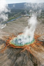 Aerial view of Grand Prismatic Spring in Yellowstone National Park; Date: 22 June 2006