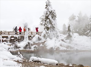 Visitors and ghost trees at Fountain Paint Pot in Yellowstone National Park; Date: 19 January 2016