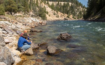 Hikers are pumping water into a water filter along Yellowstone River. Seven Mile Hole Trail in Yellowstone National Park; Date:  11 September 2017