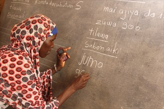 Niger - A woman in Niger writes on a chalkboard ca. 27 December 2015