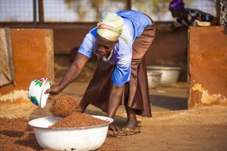 A West Africa village woman pouring beans, nuts or seeds into a large bowl ca. 21 February 2018