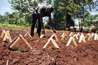 Jolly, the agriculture specialist at Jinja Regional Referral Hospital (Uganda) tends the hospital's garden ca. 7 March 2018