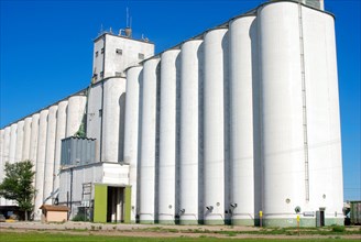 Large grain elevator complex in a small town in Western Kansas