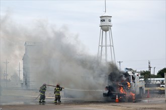 Firefighters on the scene of a truck fire in Guymon, Oklahoma