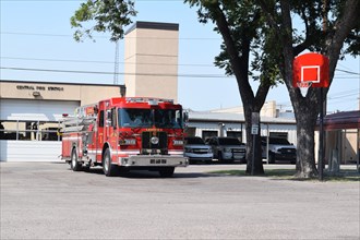 A fire engine, Ladder # 5, parked outside the Duncan Oklahoama fire department