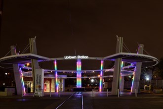Night photo of Uptown Station (buses and trains) in the Uptown area of Dallas, TX