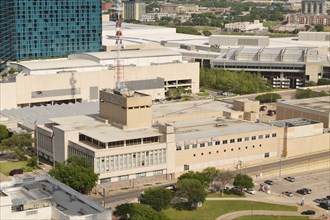 Aerial view of Dallas Morning News and WFAA buildings in downtown Dallas, TX
