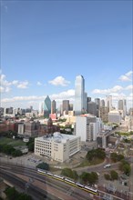 Skyline of downtown Dallas, TX on a partly cloudy day