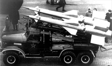 Two vehicle-mounted Soviet SA-3 Goa surface-to-air missiles