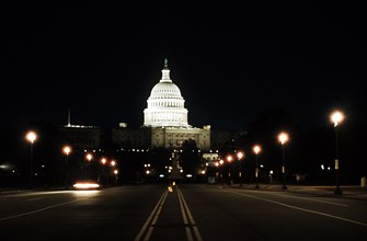 A nightime view of the United States Capitol.