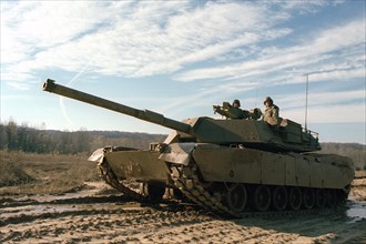 A left front view of the XM-1 Abrams tank