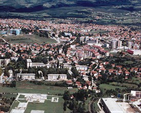 An aerial view showing most of the city of Bugojne, Bosnia-Herzegovina