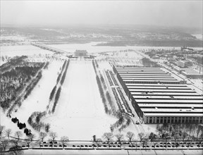 Aerial view of Lincoln Memorial in snow