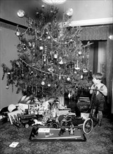 Boy on scooter in front of Christmas tree