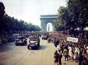 Crowds of French patriots line the Champs Elysees