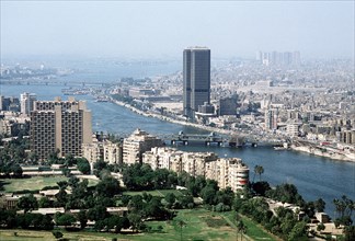 High angle view of the city of Cairo showing the Nile river