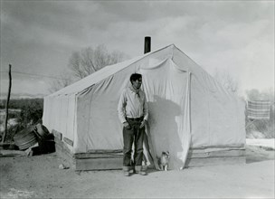 Man and Puppy in Front of Tent
