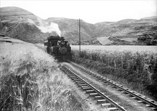 Railroad train in the Peruvian countryside in 1912