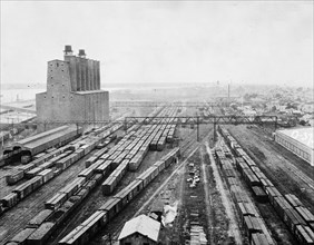 Trains in Railroad yard and grain elevator