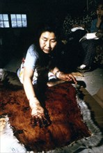 March 1974 - Eskimo woman treating caribou hide with alder bark dye, used in making winter mukluks, Ambler Alaska