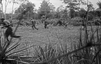 Dutch soldiers run across an open field with weapons at the ready in Indonesia, Dutch East Indies, Sumatra ca. December 25, 1948