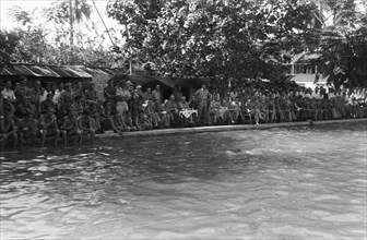 Swimming competition in the Marijke Swimming Pool in Indonesia, Dutch East Indies, Padang, Sumatra ca. 1947