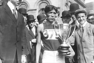 Photo shows Hopi American long distance runner and Olympic medal winner Louis Tewanima (1888-1969) after winning a marathon in New York City, May 6, 1911.