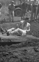 Dutch soldier sand skiing in Indonesia, Java, Dutch East Indies, Salatiga ca. 1947