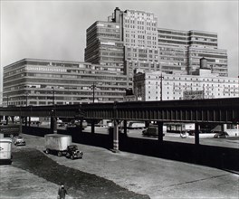 1930s New York City - Starrett-Lehigh Building 601 West 26th Street, from Eleventh Avenue and 23rd street looking northeast past the West Side Express Highway, Manhattan ca. 1938