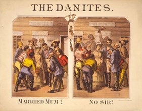 The Danites - One scene showing group of men, with one man asking woman, 'Married mum?,' and another scene showing woman replying, 'No sir!' ca. 1860-1890