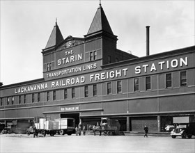 1930s New York City - Lackawanna Railroad Freight station, pier 13, trucks and a wagon in front ca. 1936