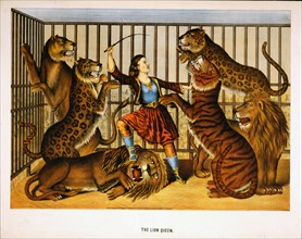 The Lion Woman - Print showing a woman lion-tamer in a cage with several lions and tigers ca. 1874