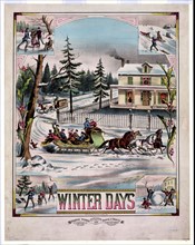 Print shows a winter scene with a large sleigh drawn by four horses, with several men and women riding past a house with a white picket fence and smoke coming out of a chimney on a snowy winter day. c...