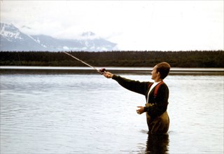 7/4/1973 - Sockeye salmon fishing at Brooks Camp, between Brooks and Naknek Lakes, Alaska