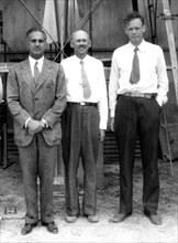 Standing in front of the rocket in the launch tower on September 23, 1935, are (left to right): Harry F. Guggenheim; Dr. Robert H. Goddard; and Col. Charles A. Lindbergh. Charles Lindbergh, an advocat...