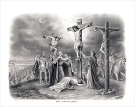 The Crucifixion - Christ on the cross with the two thieves; a few Roman soldiers and some followers of Christ print ca. 1907