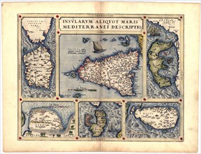Abraham Ortelius - First World Atlas ca. 1570 - Siclia. Sardinia. Malta olim Melita. Elba olim Ilva, Corfv olim Corcyra. Zerbi