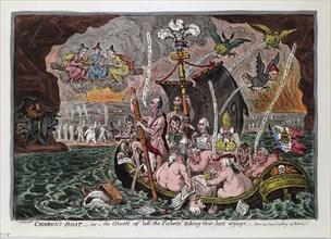 Charon's Boat - or - the Ghosts of 'all the Talents' taking their last voyage, - from the Pope's Gallery at Rome ca. 1807, James Gillray engraver