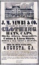 Print shows an advertisement for J.M. Newby & Co., a clothing dealer operating at the United States Hotel in Augusta, Georgia, with view of the hotel and additional text about the goods they offer. ca...