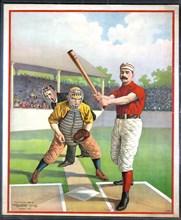 Baseball poster - Print showing a batter standing at home plate with catcher and umpire awaiting the pitch; view is from the pitcher's mound, with grandstand visible in the background ca. 1895